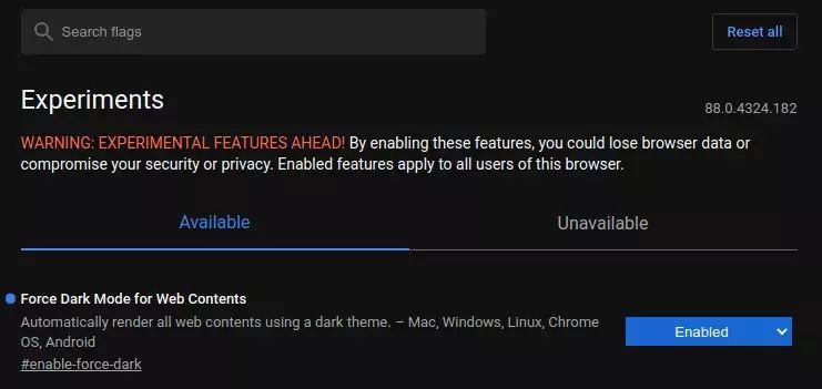 Force Dark Mode for Web Contents, Google Chrome