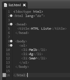 Billedet viser en HTML liste lavet i Eclipse.